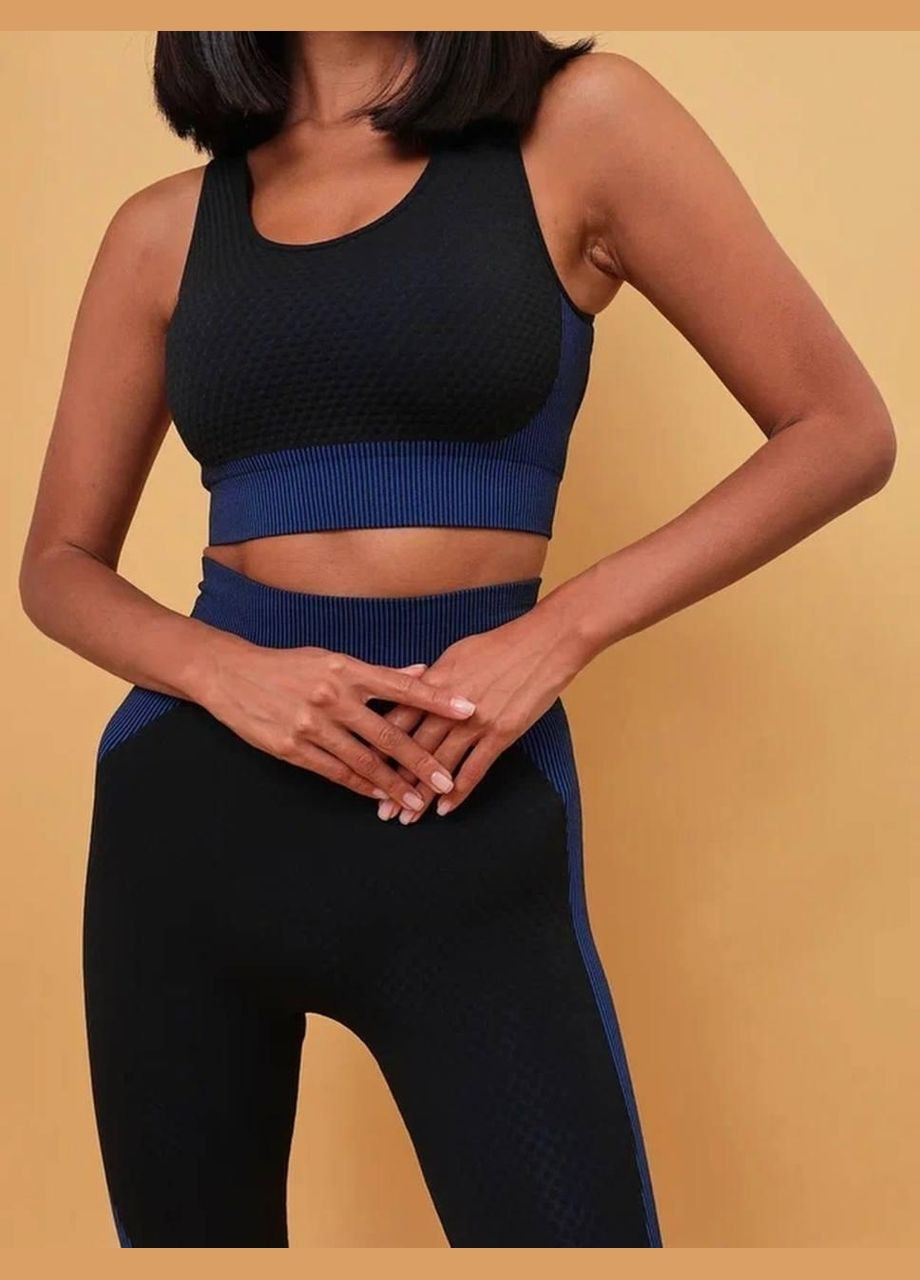 Спортивный костюм тройка (рашгард, топ и леггинсы) черного цвета с синими вставками, размер XL Trends (330757670)