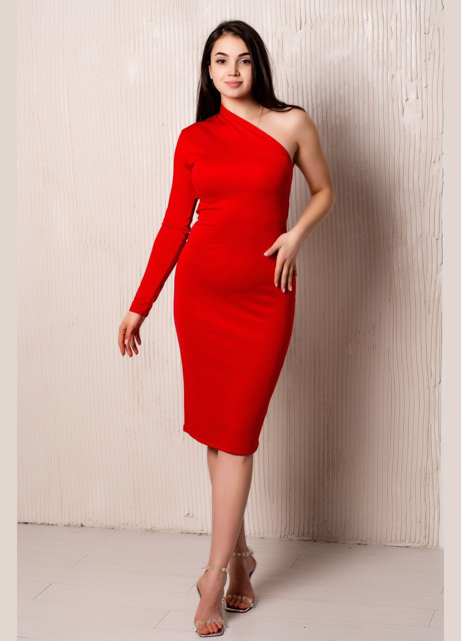 Красное кэжуал женское асимметричное платье по колено на одно плечо. обтягивающее, однотонное, трикотажное. No Brand однотонное