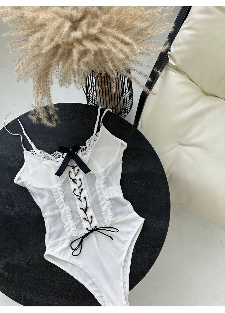 Боді біле сіточне з мереживом, бантиком та акцентом на бюст Vital-Textile 435/35 (361853732)