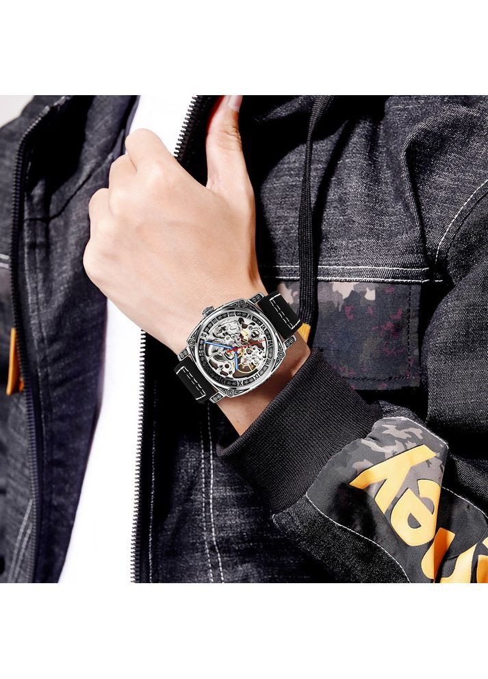 Часы механические с автоподзаводом для мужчин серебристый корпус черный ремешок классические стрелочные ProDobro (367265422)