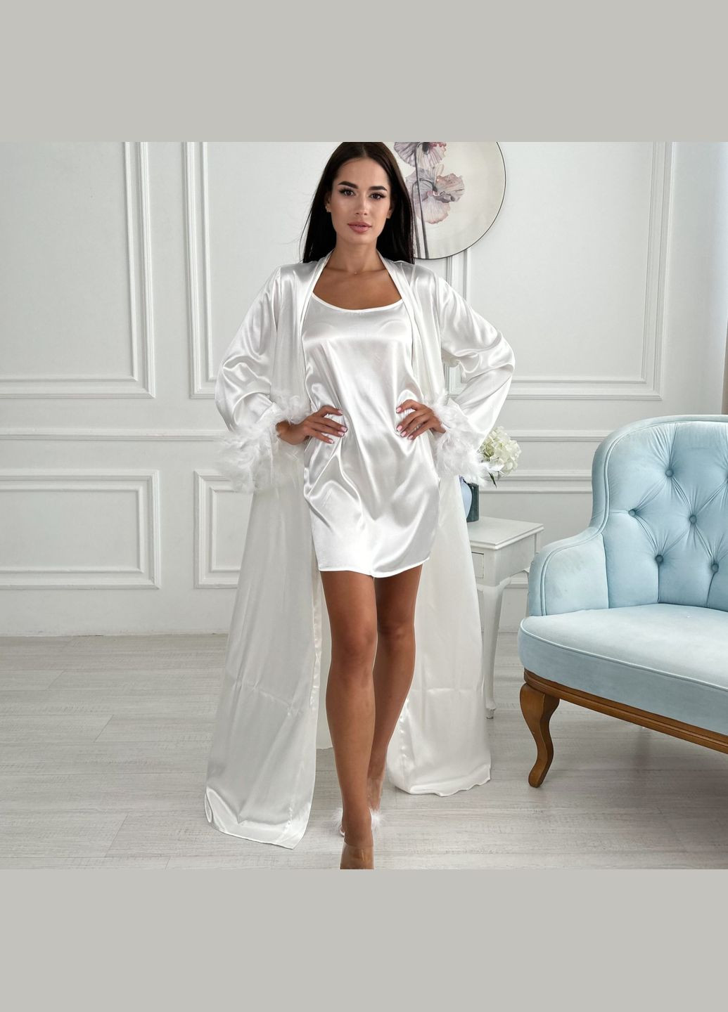 Весільний Халат довгий з пір'ям індика + сорочка - Білий колір No Brand (322414652)
