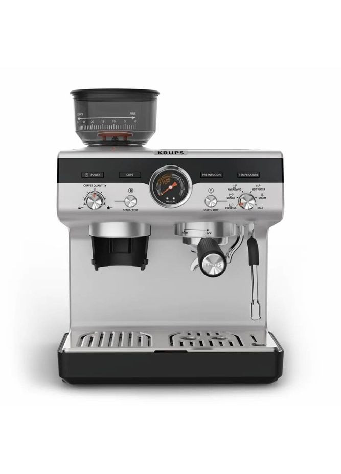 Кофеварка ріжкова Precision+, 3.5л, вдубована кофемолка, ручний капучинатор, 15 бар, чорний-сірий Krups (368631570)