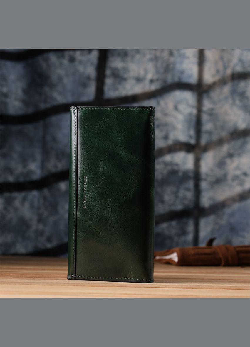 Добротний гаманець у два складення з натуральної гладкої шкіри 22945 Зелений Grande Pelle (329197274)