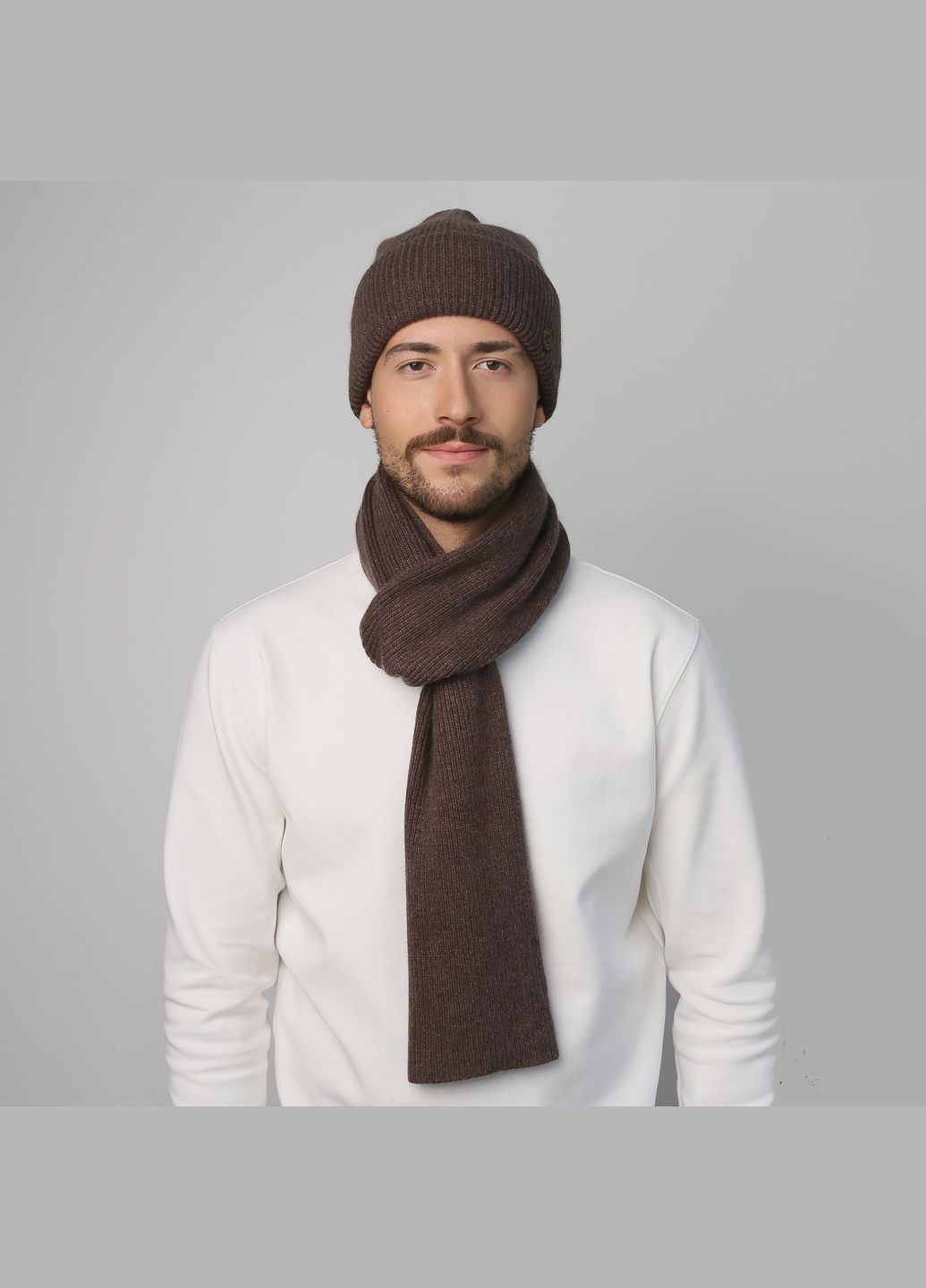 Набор шапка бини + шарф мужской шерсть коричневый GEORGE 694-898 LuckyLOOK 694-898m (289358773)