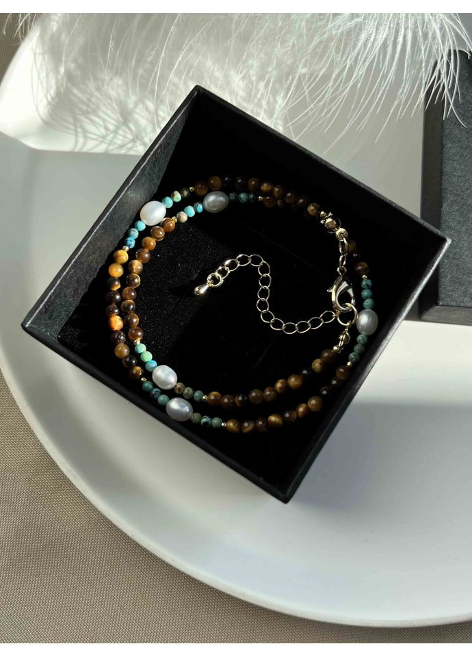 Чокер из тигрового глаза и бирюзы с жемчугом 5615 LeBijou (368559113)