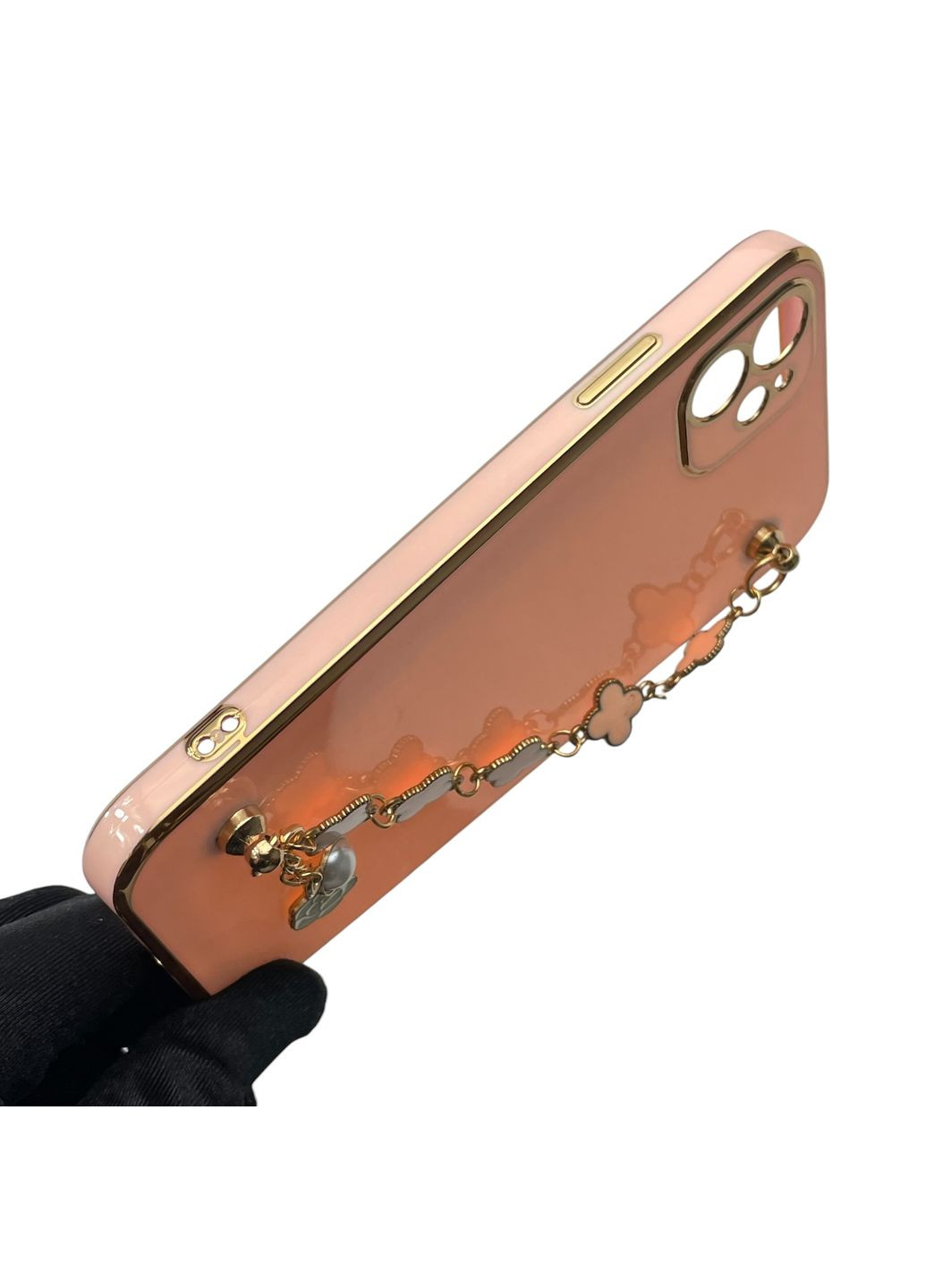 Чехол для телефона iPhone 11 женский с ремешком и украшениями и золотой окантовкой на айфон 11 пудровый gs1 Apple (366230634)