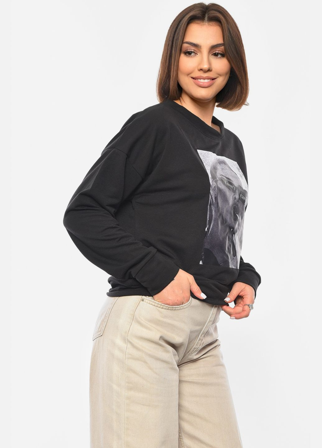 Черный свитшот женский черного цвета с принтом Let's Shop рисунок без декора (305573017)