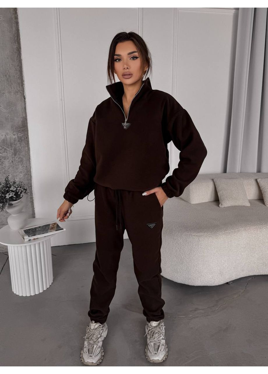 Женский костюм флисовый коричневого цвета 35623 Fashion (366074754)
