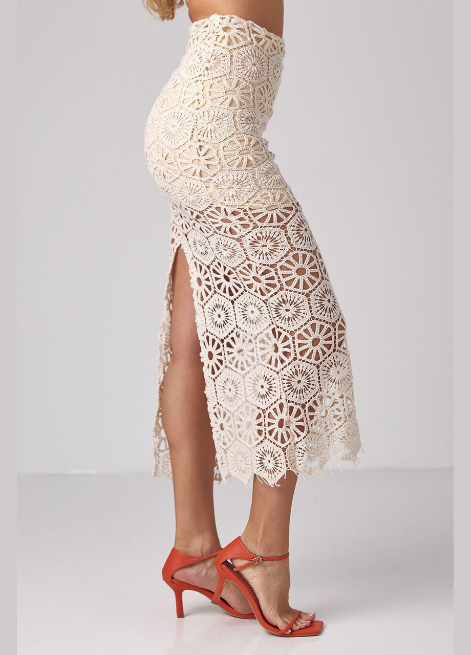 Кремовая праздничный, вечерний однотонная ажурная юбка миди с разрезом Liton карандаш