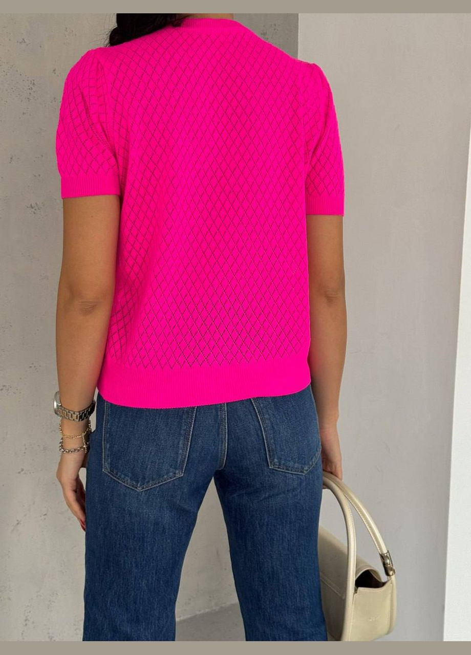 Розовая всесезон лаконичная трикотажная однотонная футболка с бусинками на груди, повседневная базовая розовая футболка в размере 42-46 No Brand 23078-6