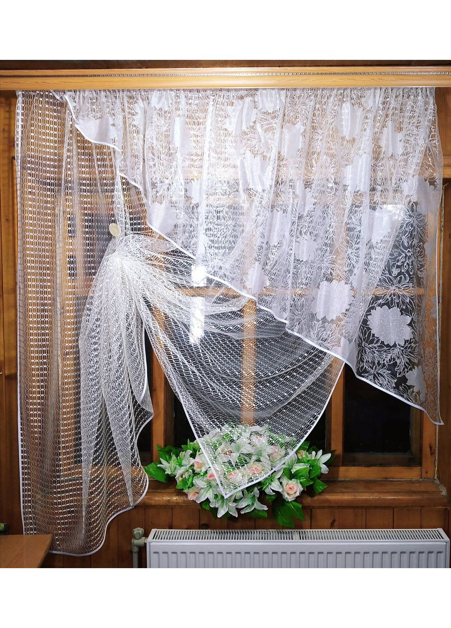 Фіранка готова коротка Фаїна молочна срібна квітка права No Brand (372133831)