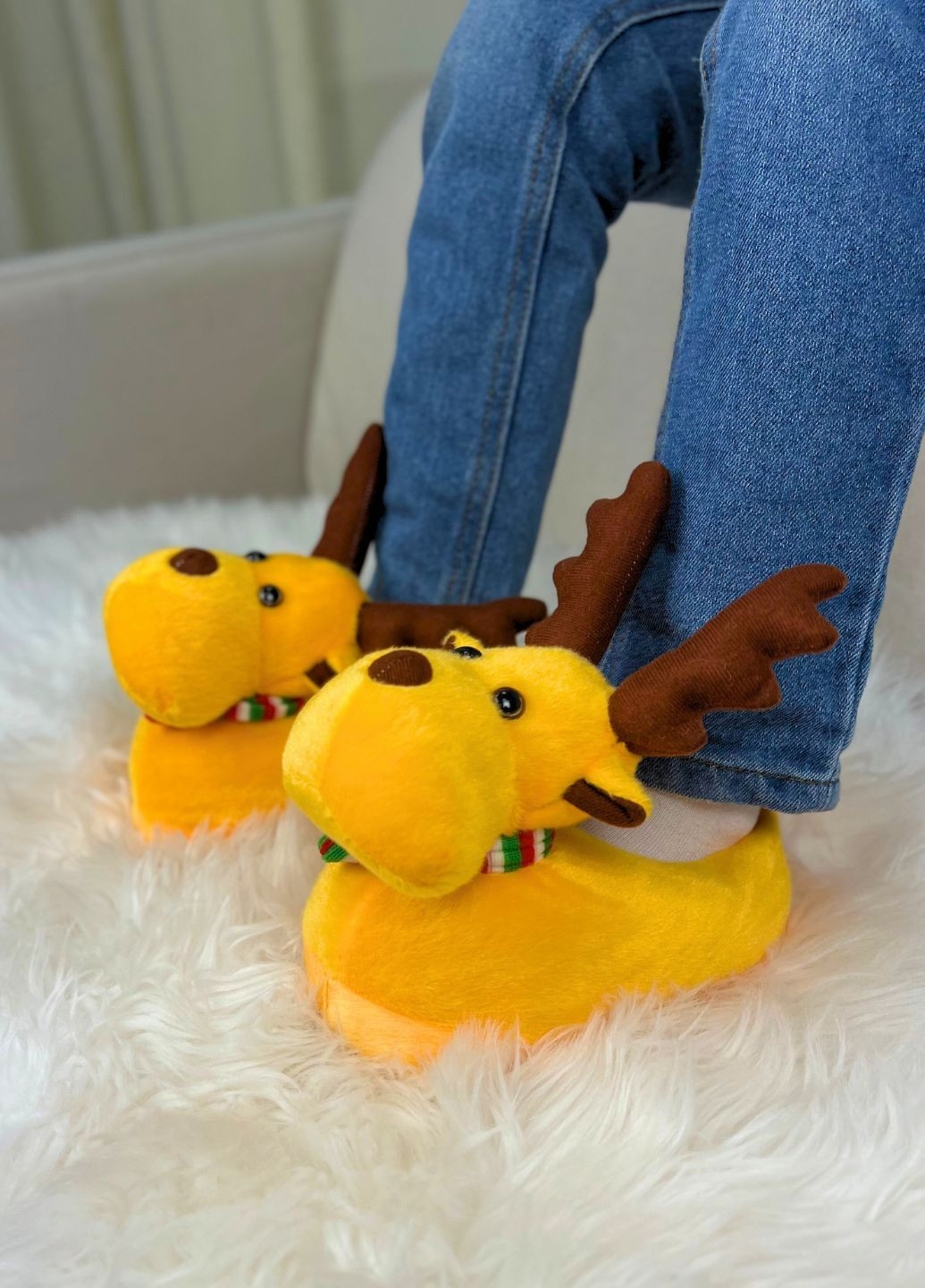 Оранжевые детские тапочки кигуруми в виде оленя с рожками тапки с нескользящей подошвой My Kigu