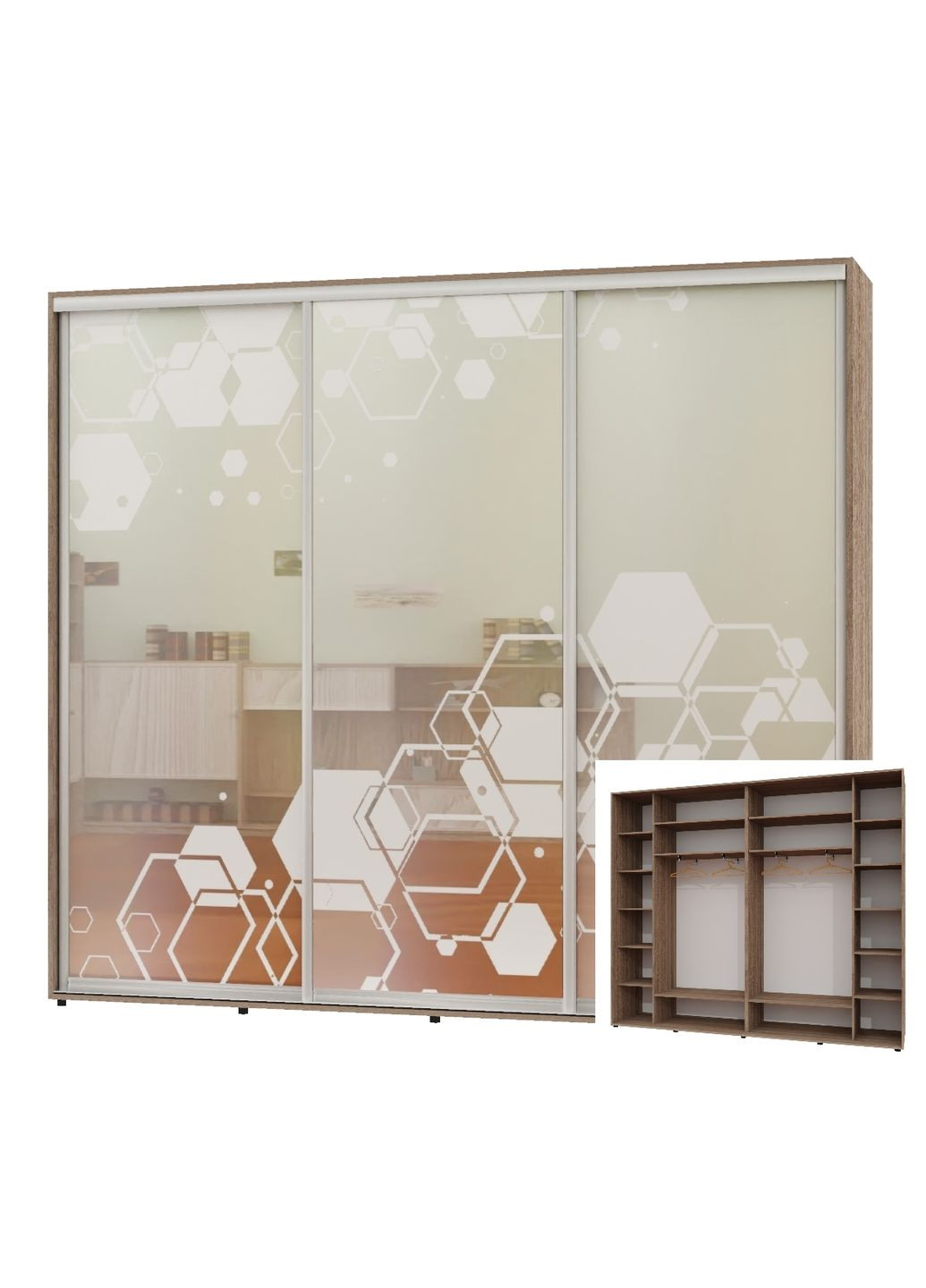 Шкаф-купе трехдверный 300*45*220 Дуб Сонома трюфель Зеркало с пескоструйным рисунком Люкс-149 Алекса (360456320)