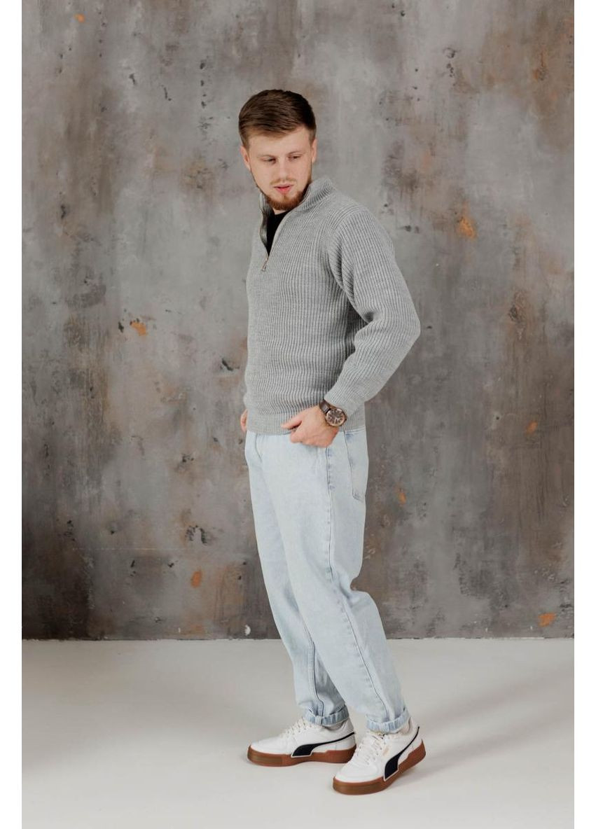 Сірий демісезонний чоловічий светр на блискавці пуловер Art Knit