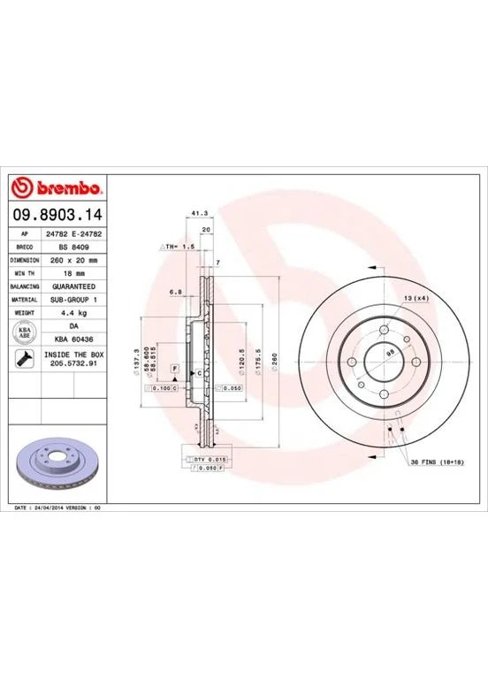 Гальмівний диск 09.8903.14 Brembo (390283424)