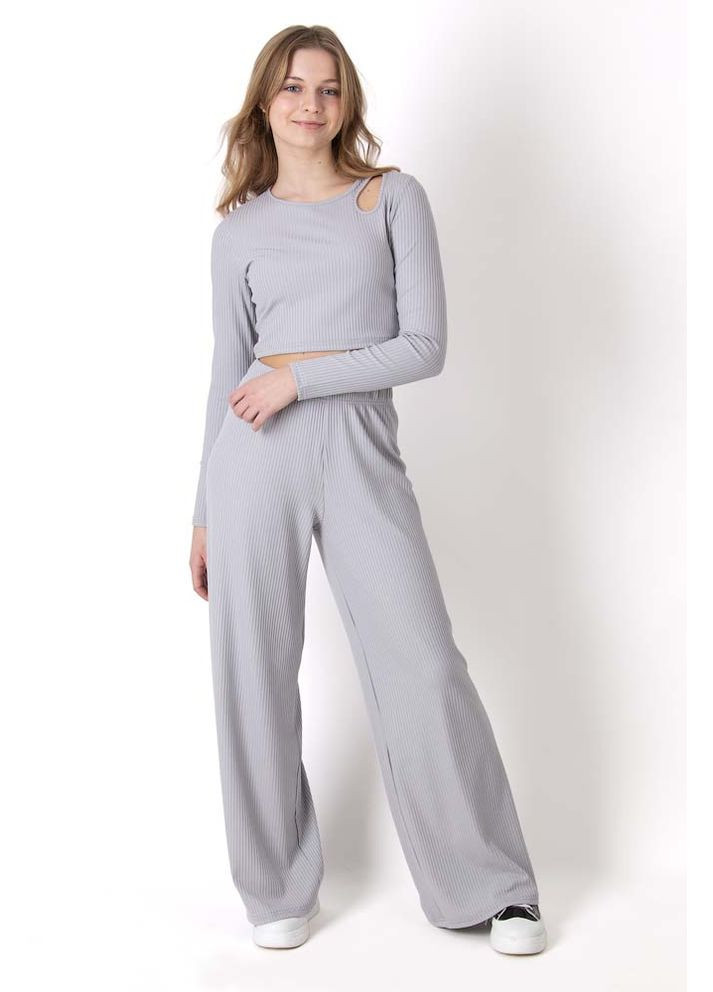 Сірий демісезонний комплект для дівчинки лонгслів та палаццо в рубчик Mevis