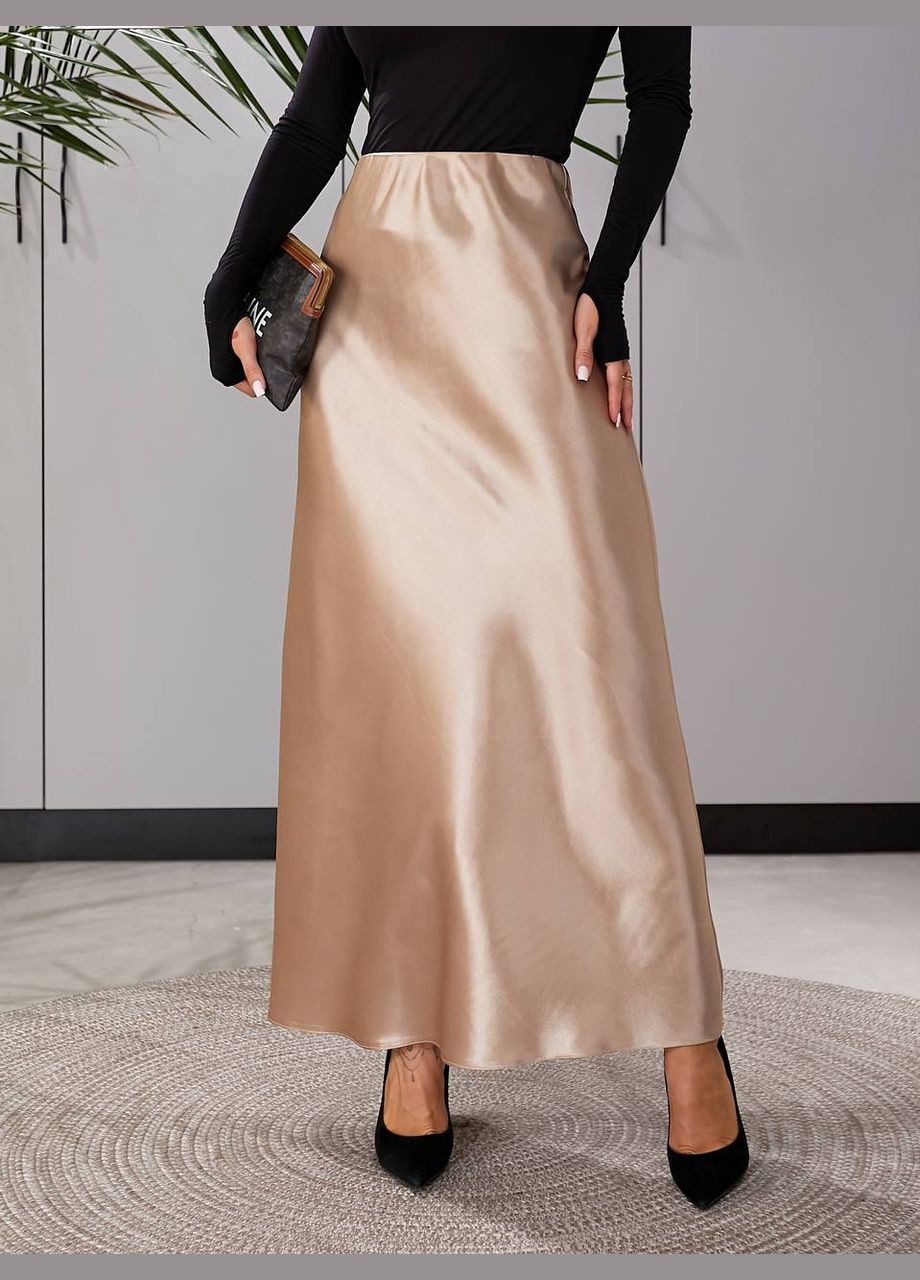 Бежевая праздничный, коктейльный, офисная, повседневная, кэжуал, вечерний элегантная атласная юбка на резинке No Brand