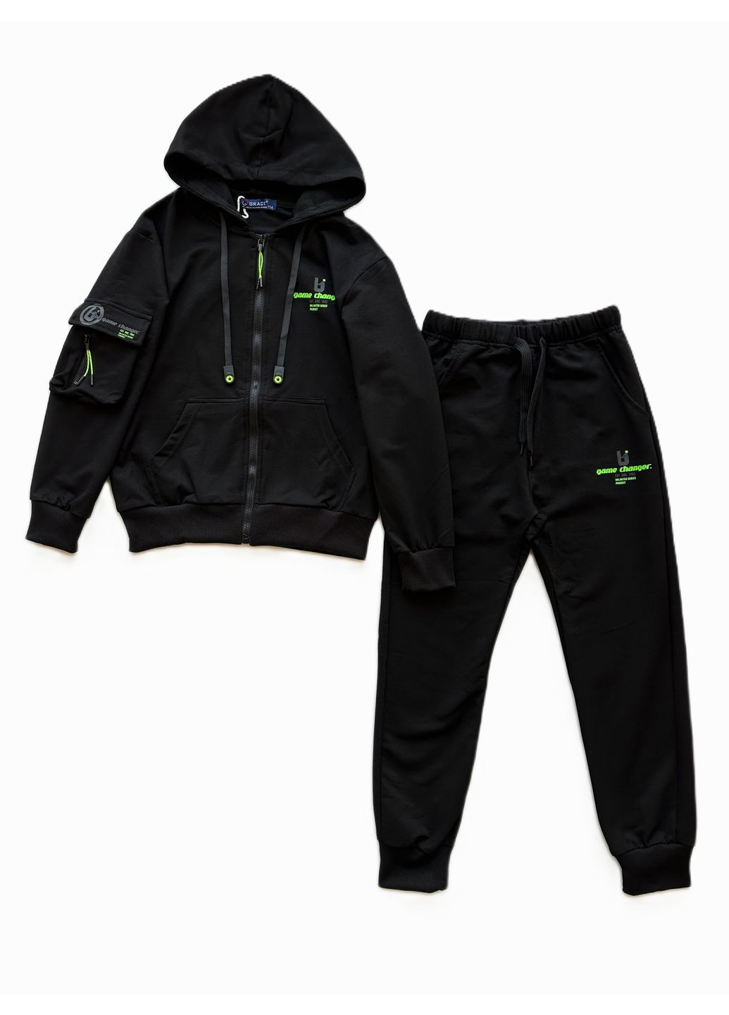 Спортивный костюм толстовка с молнией (зепка) и брюки-джогеры B13969-1 черный с зеленым Grace (356111759)