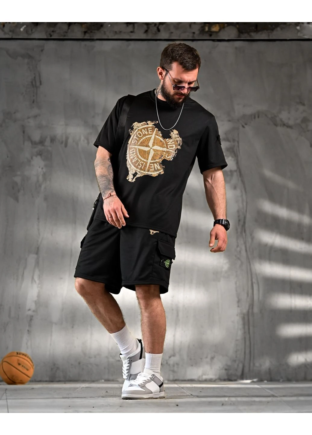 Мужской летний костюм шорты+футболка черный Stone Island (398632069)