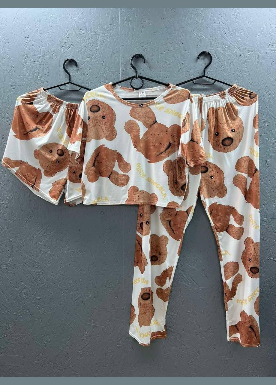 Комбинированная всесезон пижама (футболка + шорты + штаны) женская с принтом (п4к-aur-pizham-001) No Brand