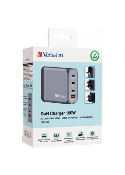 Зарядний пристрій GaN 100 W 4 ports (2xUSB-C-100 W,USB-C 65 W /USB-A -3.0) (32202) Verbatim GaN 100 W 4 ports (2xUSB-C-100 W, USB-C 65 W /USB-A (369880424)