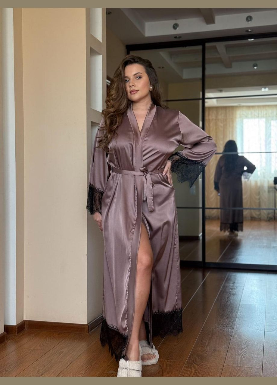 Халат женский длинный шелковый с кружевом Шоколадный Maybel (328092597)