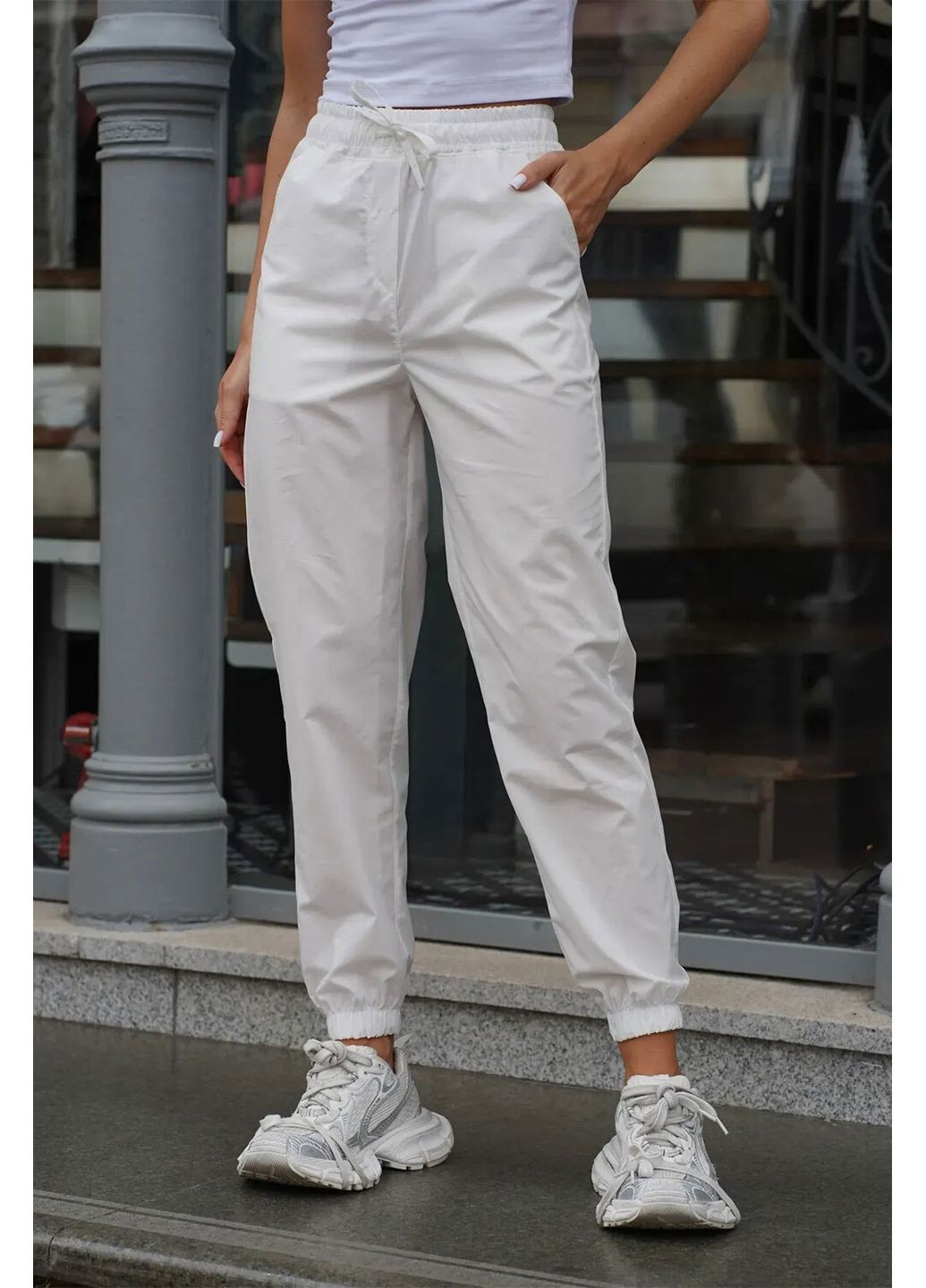 Жіночі спортивні штани білого кольору з бавовняної плащової тканини Teamv (366740750)