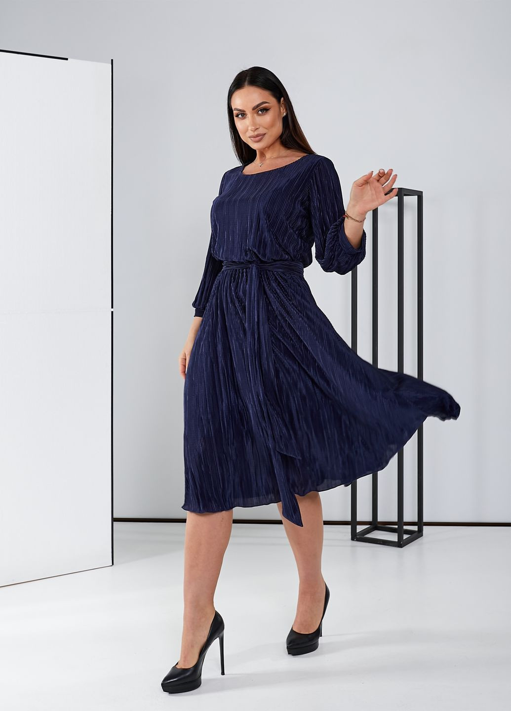 Темно-синее праздничный, коктейльное, вечернее платье плиссе клеш, колокол, плиссированное No Brand однотонное