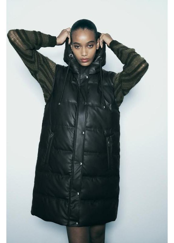 Жилет подовжений теплий дутий пуфер з штучної шкіри Zara (362501500)