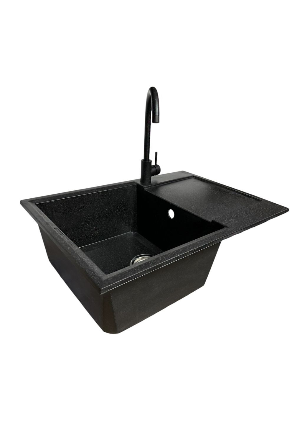 Набір кухонний Horizon Medium, штучний камінь, прямокутний, з крилом, 700х500х230мм, чаша - 1, врізна, чорний + змішувач Adamant (370619190)