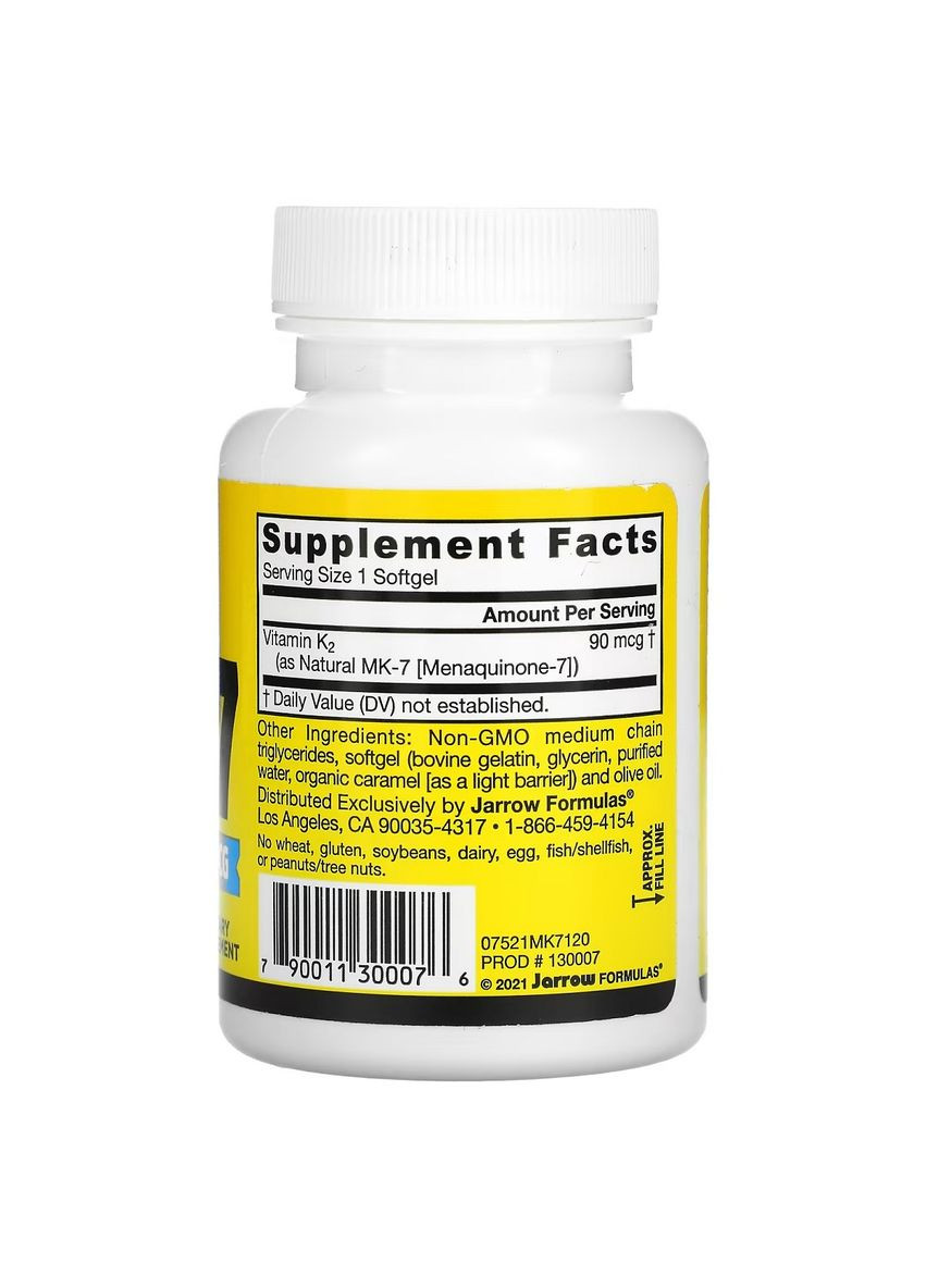 Вітамін K2 в формі MK-7, 90 мкг, MK-7, Vitamin K2 as MK-7,, 120 гелевих капсул Jarrow Formulas (326054755)
