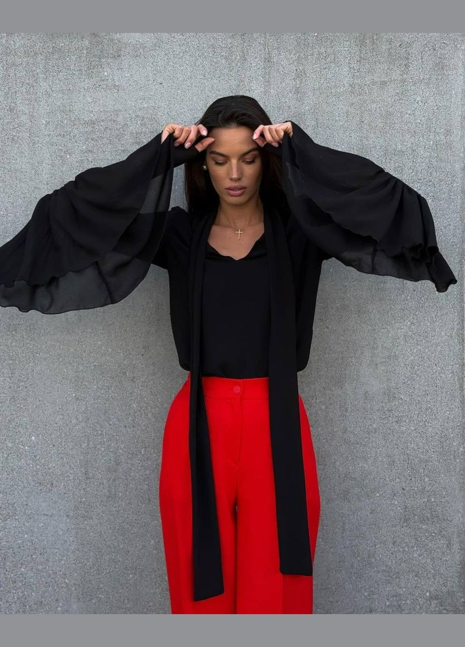 Чорна стильна чорна жіноча блуза з довгим рукавом "ліхтарик", легка, романтична та ніжна однотонна блузка No Brand 310-1