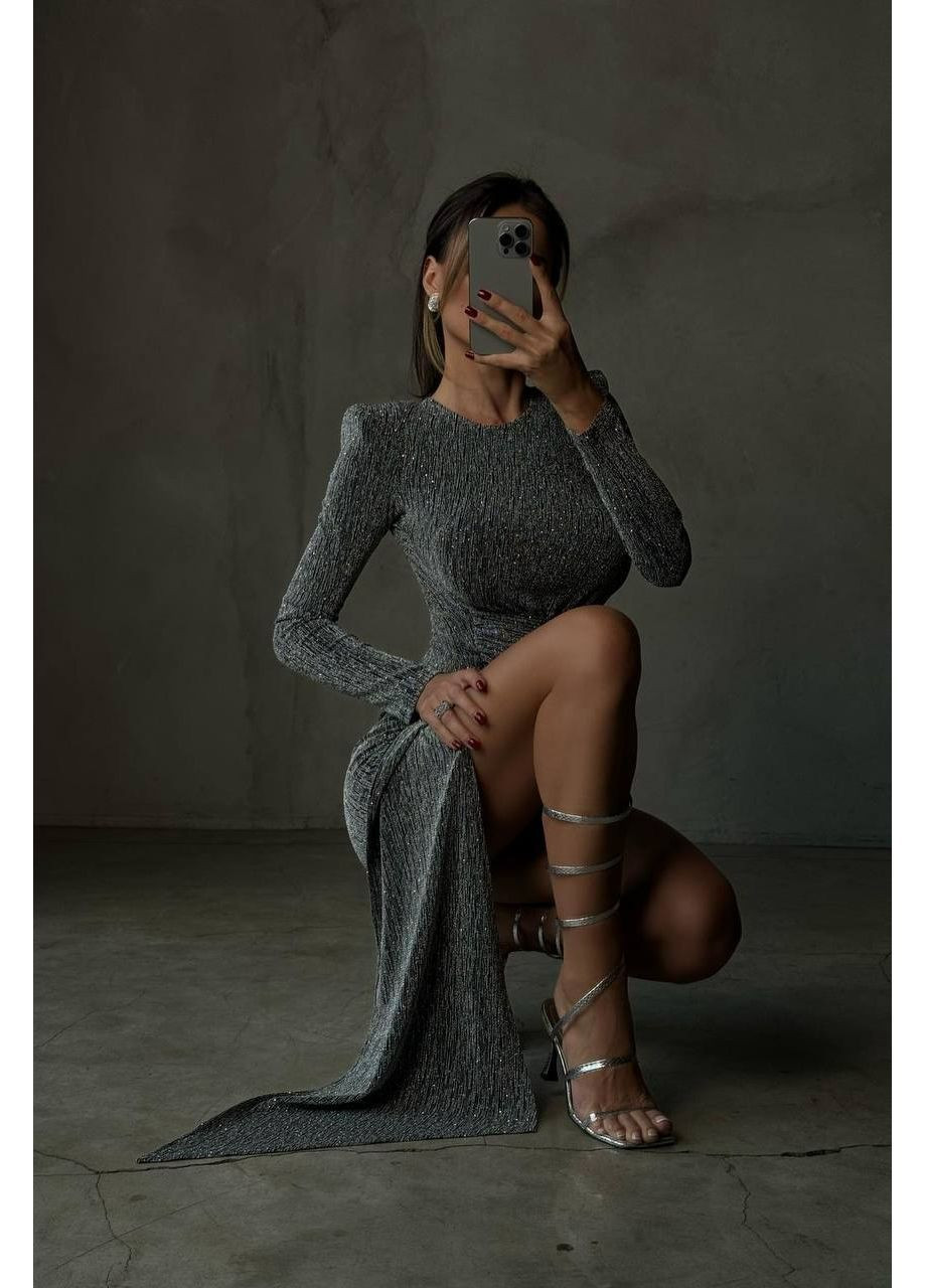 Сріблястий святковий, вечірня жіноча сукня зі шлейфом No Brand однотонна