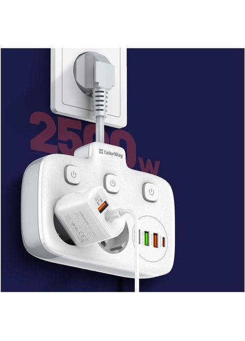 Мережевий фільтр живлення (CW-CHE24PDW) Colorway CW-CHE24PDW 2 розетки/4USB (268142187)