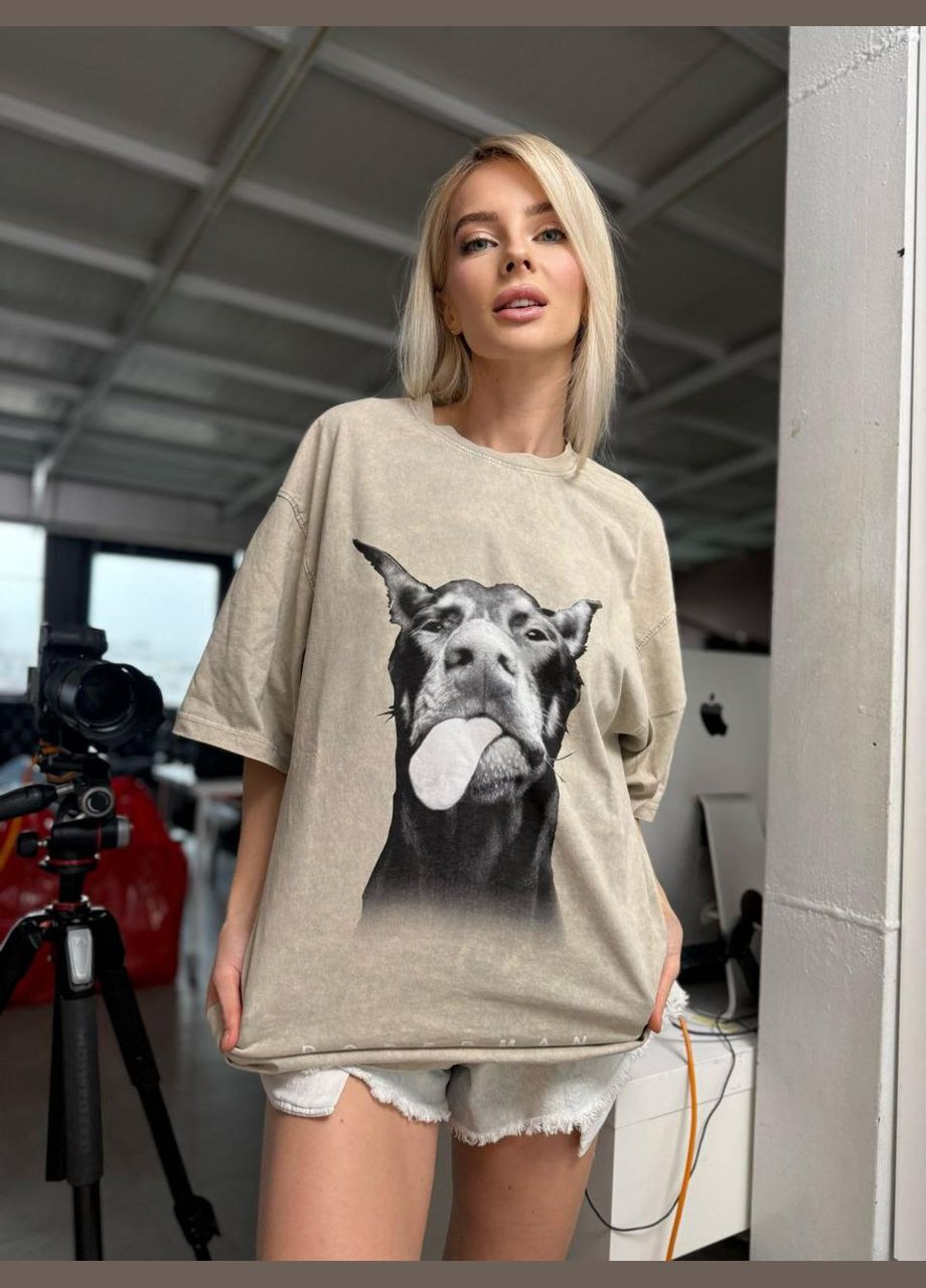Женская футболка оверсайз варка Доберман беж You Best - (322132695)