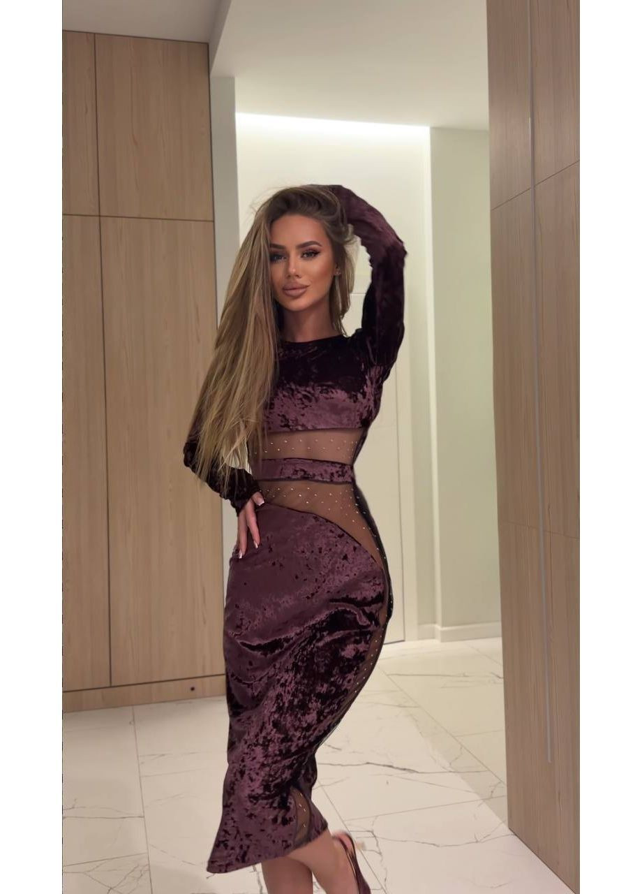 Сливовое женское бархатное платье с камнями No Brand