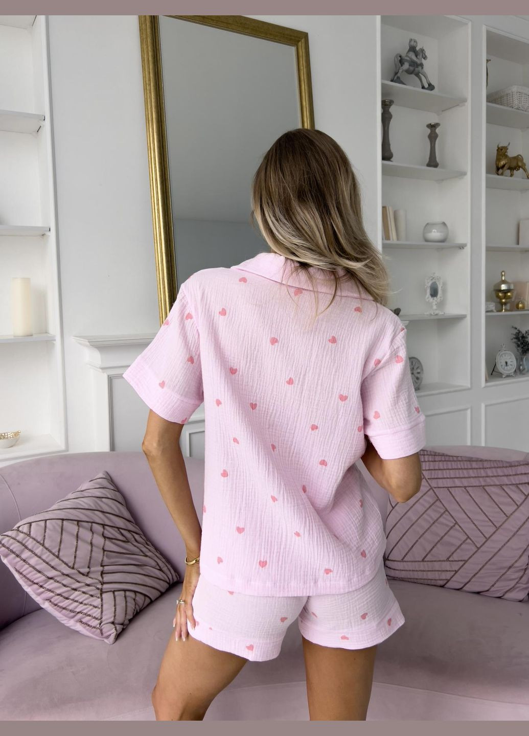 Светло-розовая всесезон нежнейшая хлопковая пижамка рубашка + шорты Vakko