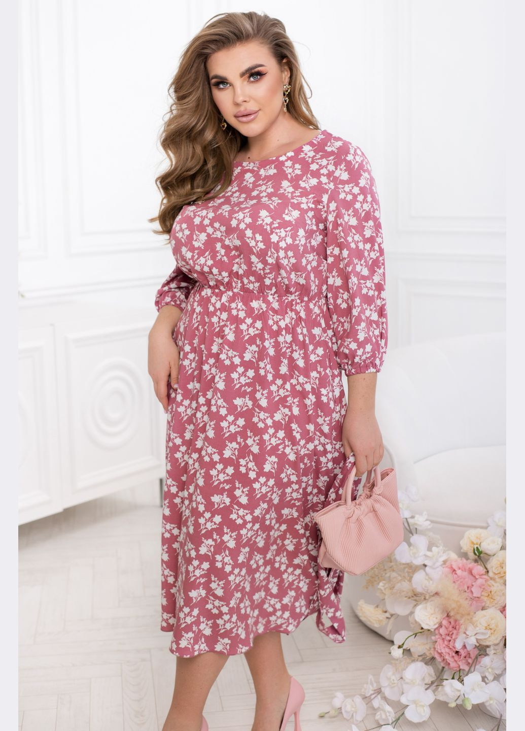 Розовое повседневный нежное платье колокол No Brand с цветочным принтом