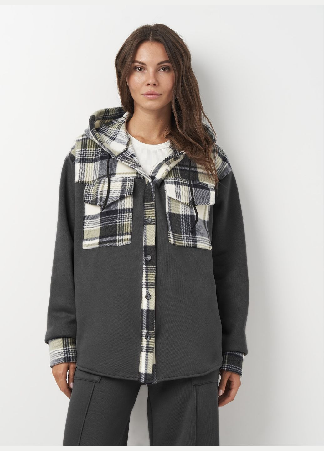 Графитовая спортивная, повседневный, кэжуал рубашка в клетку Olis-Style с длинным рукавом