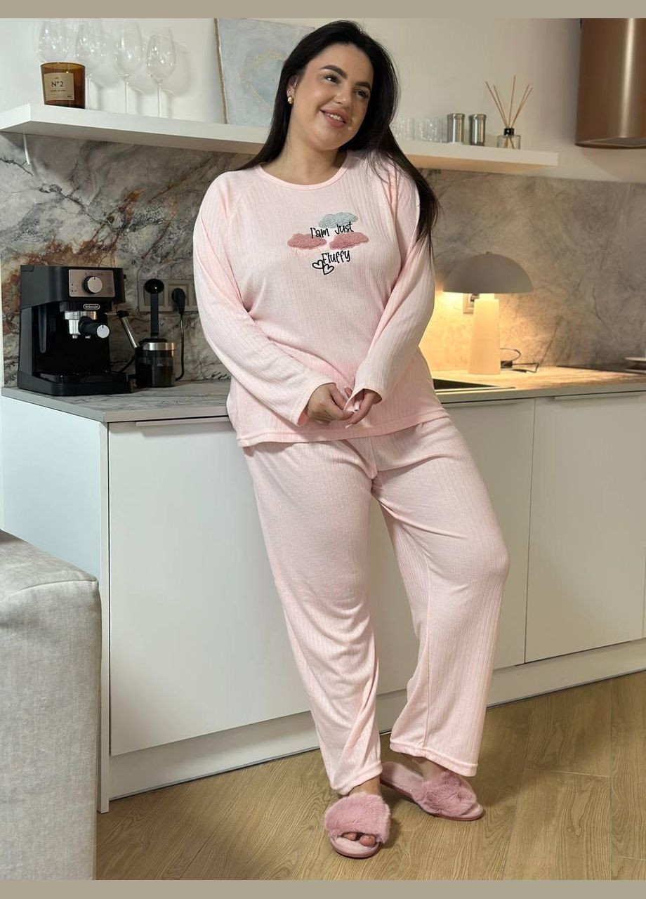 Светло-розовая всесезон уютная мягкая пижама с рисунком кофта + брюки No Brand