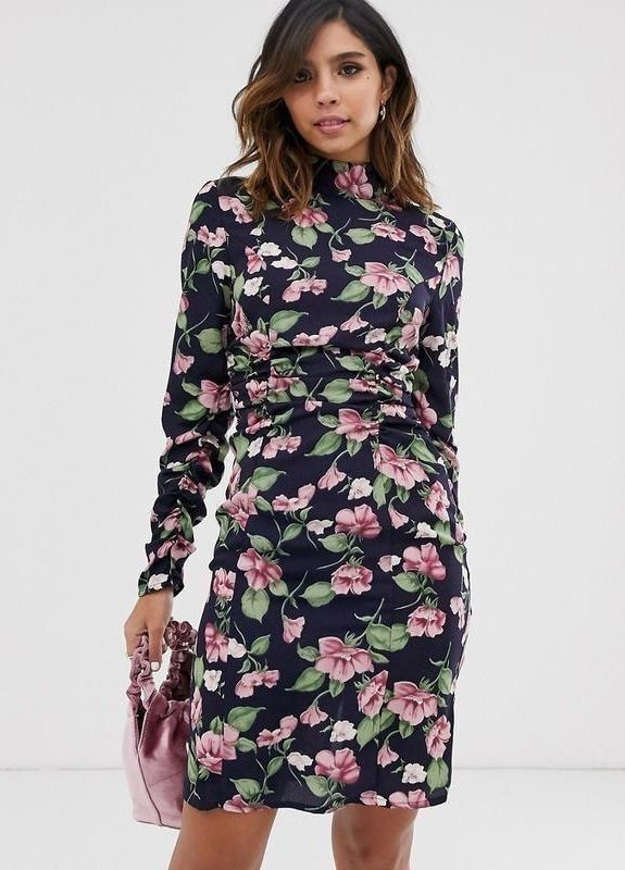 Синее платье-футляр в цветочный принт с длинным рукавом, облегающее, элегантное, праздничное Asos