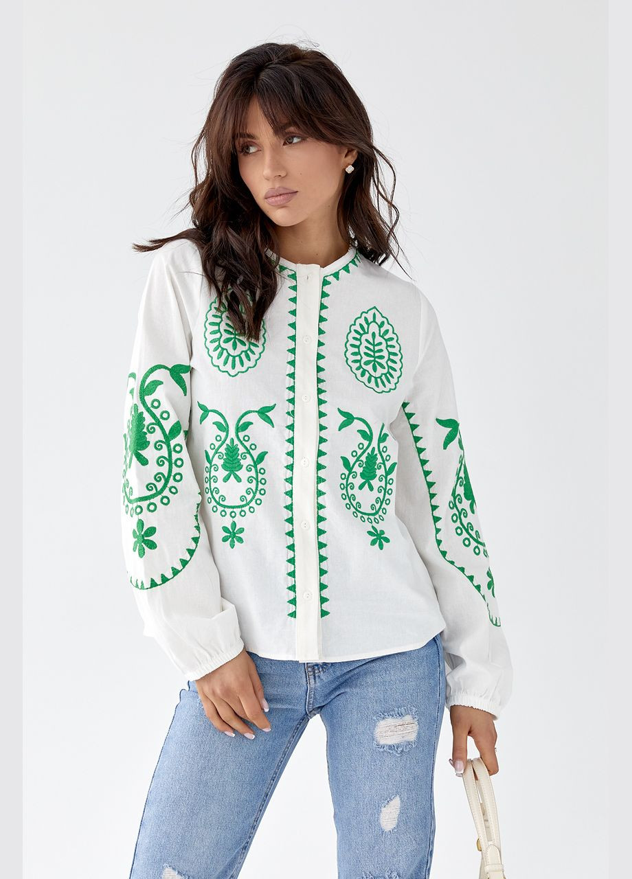 Белая вышитая хлопковая блузка с длинными рукавами. ESQ хлопок (320800689)