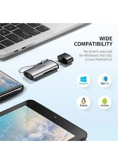 Кардридер - устройство для считывания карт памяти USB-C CM184 microSD + SD Card Reader (50704) Ugreen (357209618)