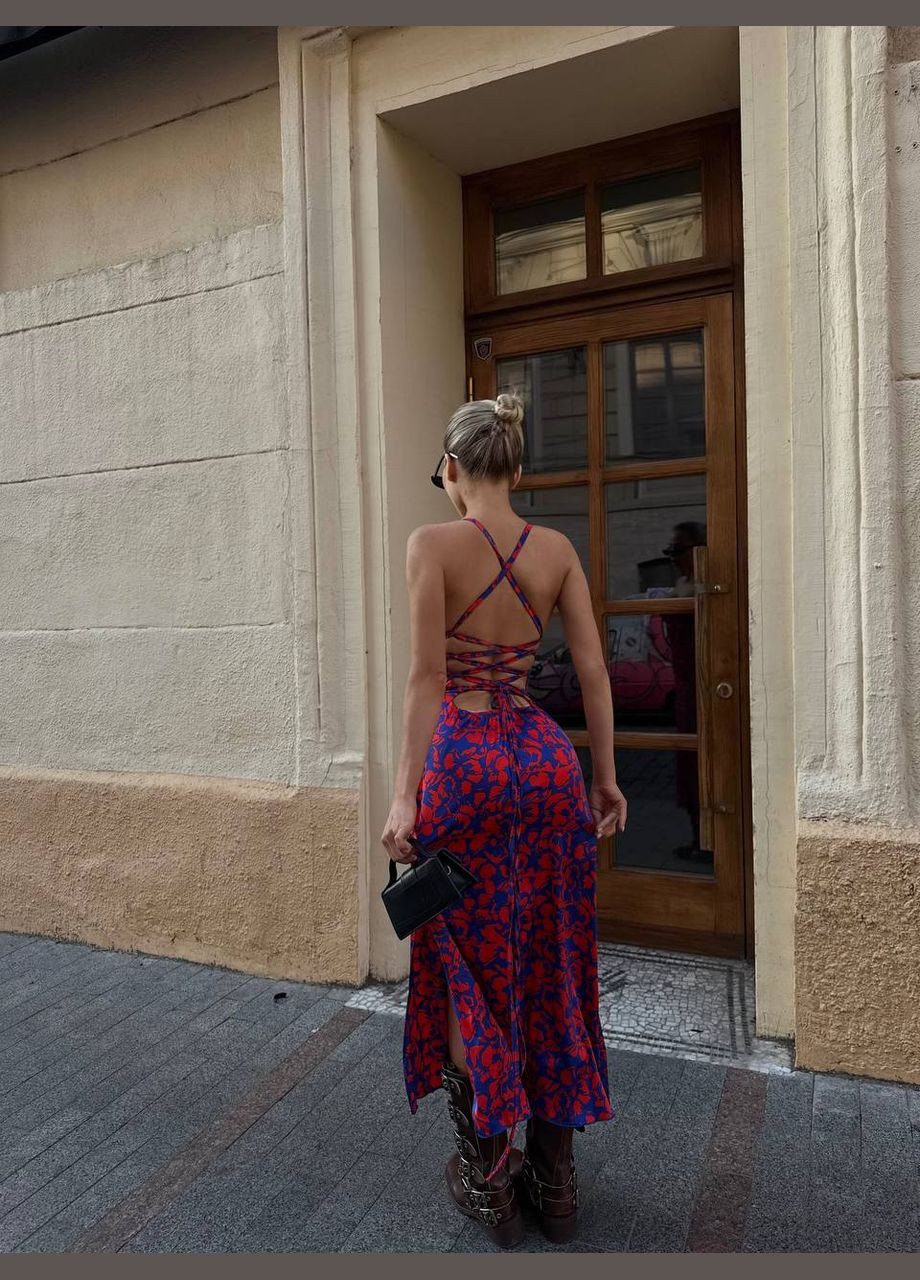 Помаранчева кежуал шовкова сукня з плетінням на спині з відкритою спиною Adelante з квітковим принтом