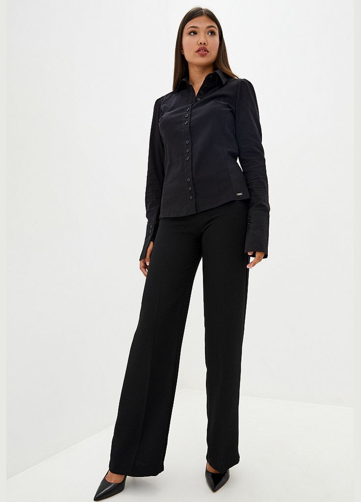 Чёрная блуза женская офисная с длинным рукавом из коттона черная мелиана mksh1838-1 Modna KAZKA