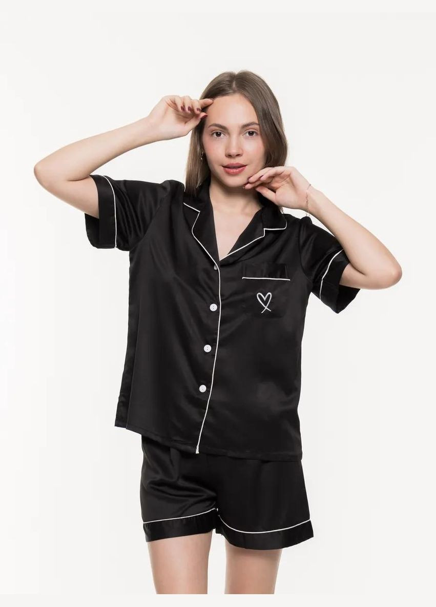 Черная всесезон женская атласная пижама свободного кроя с принтом домашний летний пижамный комплект на пуговицах с сердечком рубашка + шорты рубашка + шорты Cindylove