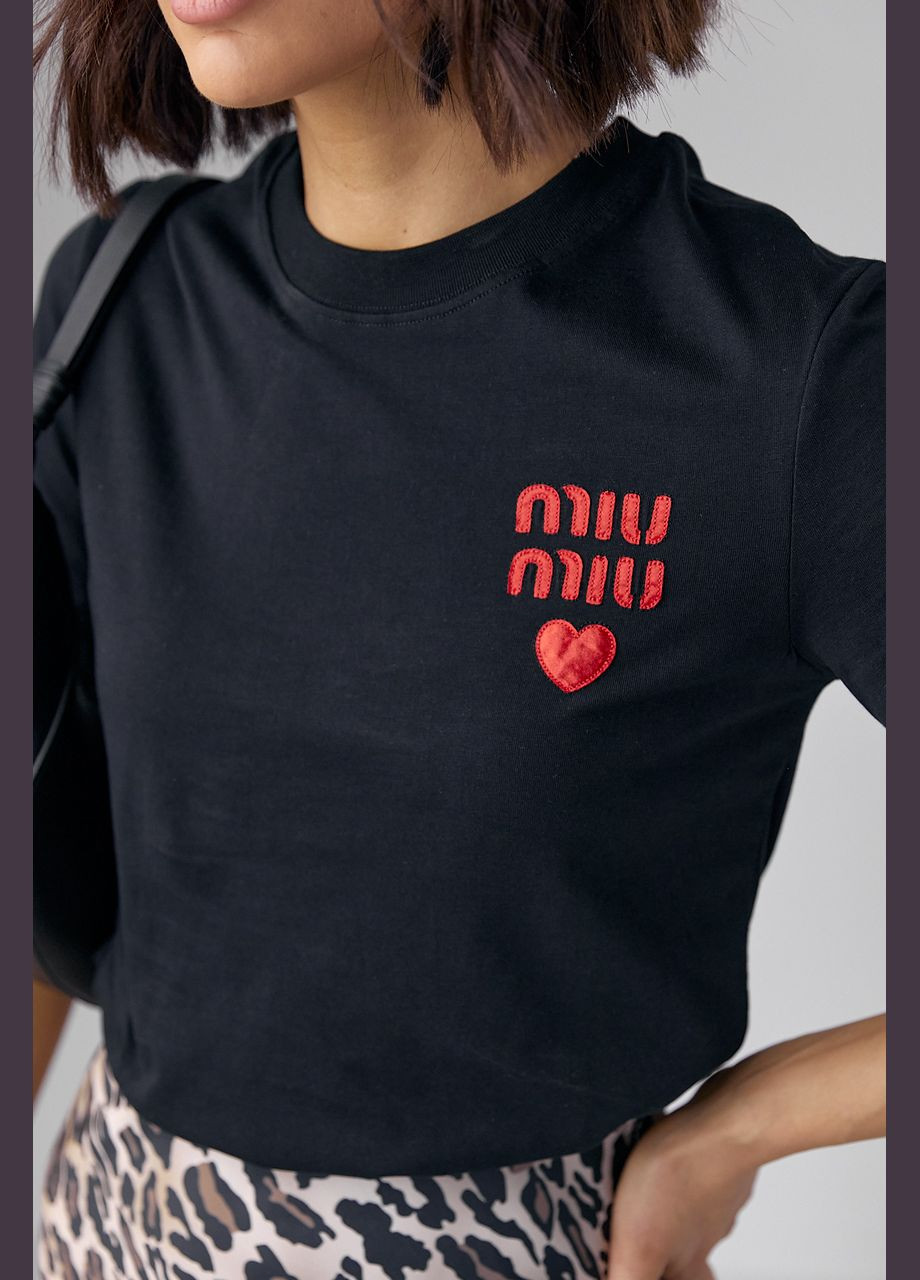 Черная летняя трикотажная женская футболка с надписью miu miu 122345 с коротким рукавом Lurex
