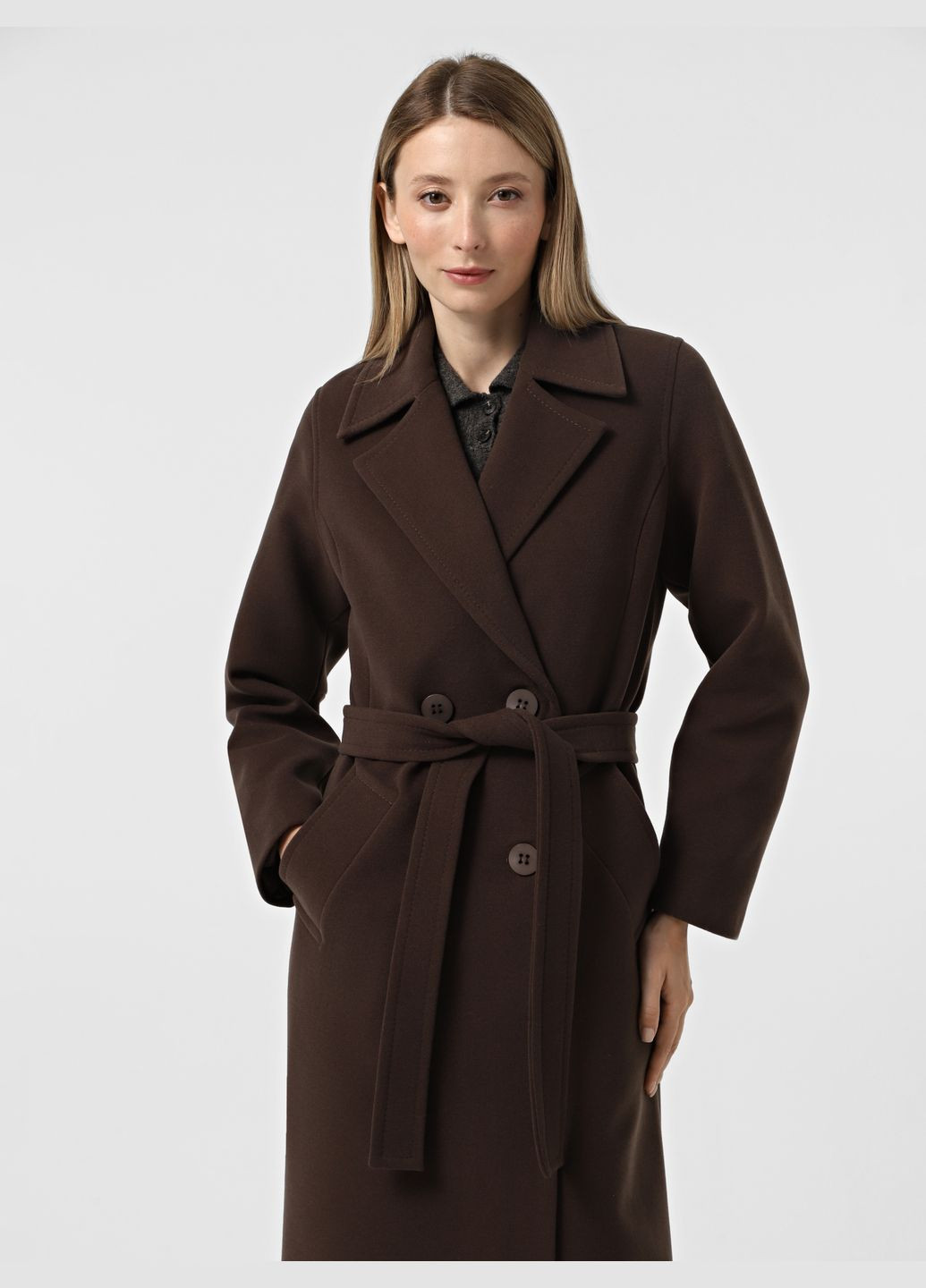 Темно-коричневе демісезонне Пальто демісезонне коричневе 1937BRN двобортне DANNA