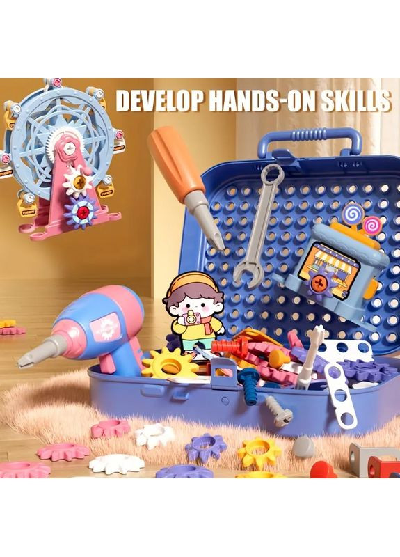 Детская мозаика-конструктор в чемоданчике Колесо обзора 258 деталей Электрическая дрель шуруповерт 2D и 3D сборка No Brand (363042267)