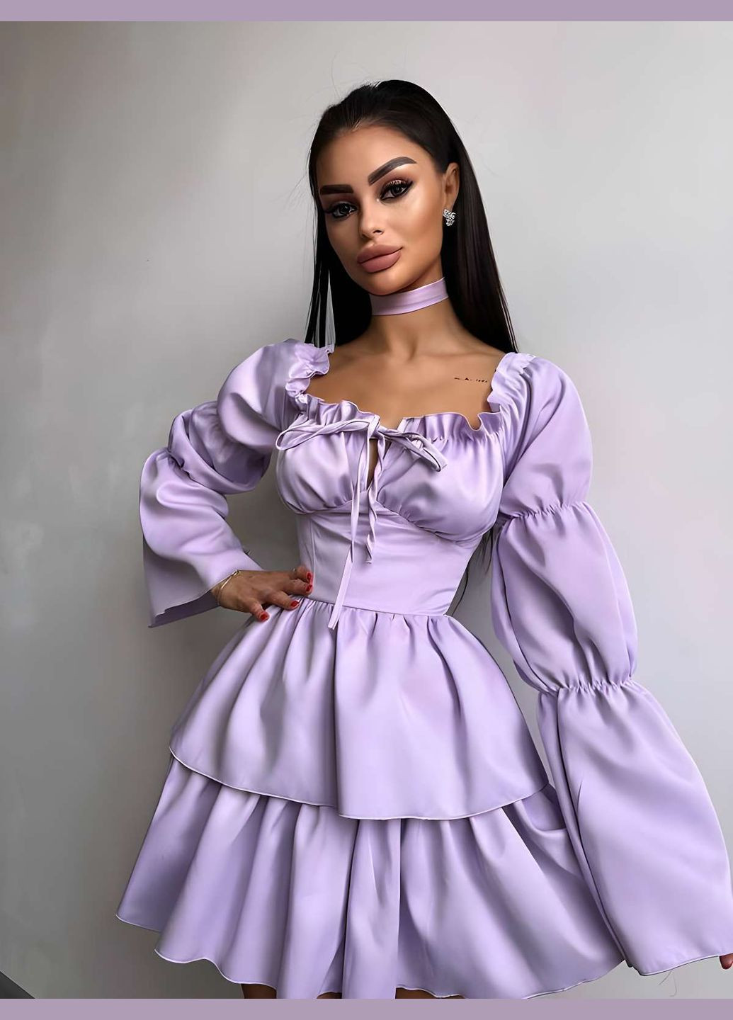 Бузкова святковий, коктейльна, карнавальний, відвертий, повсякденний, кежуал, вечірня жіноча ошатна коротка малинова сукня міні з рюшами зі шнурівкою і широкими рукавами Україна однотонна